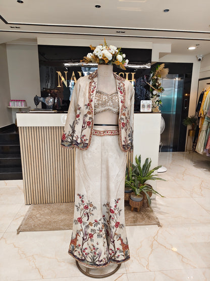 Beige Bird Motif Palazzo Set