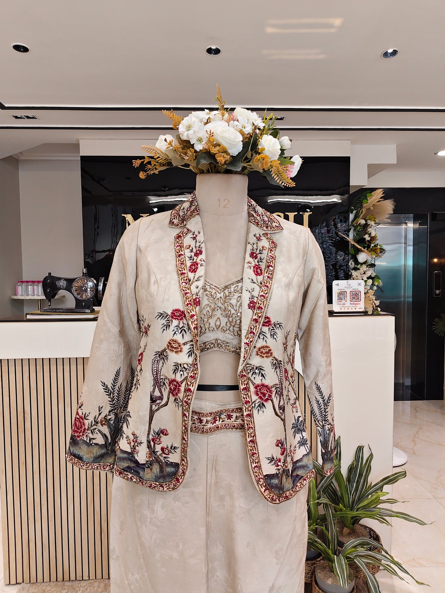 Beige Bird Motif Palazzo Set