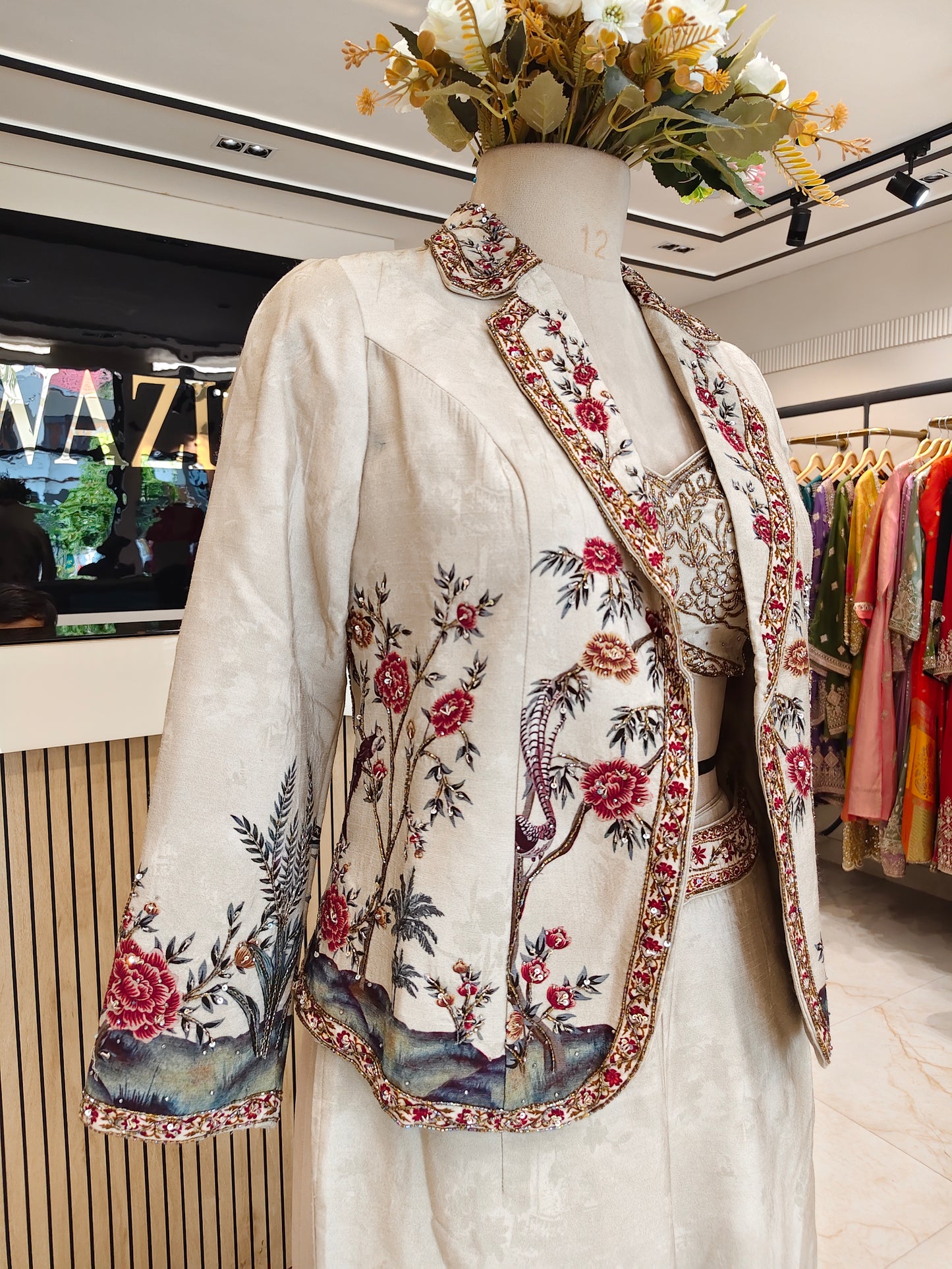 Beige Bird Motif Palazzo Set