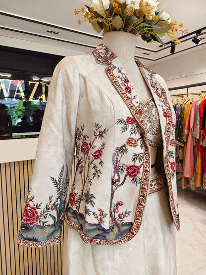 Beige Bird Motif Palazzo Set