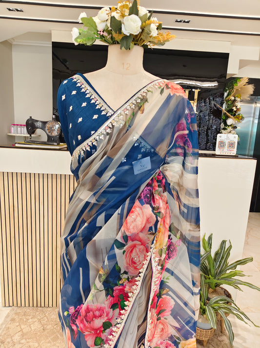 Blue Floral Organza Saree