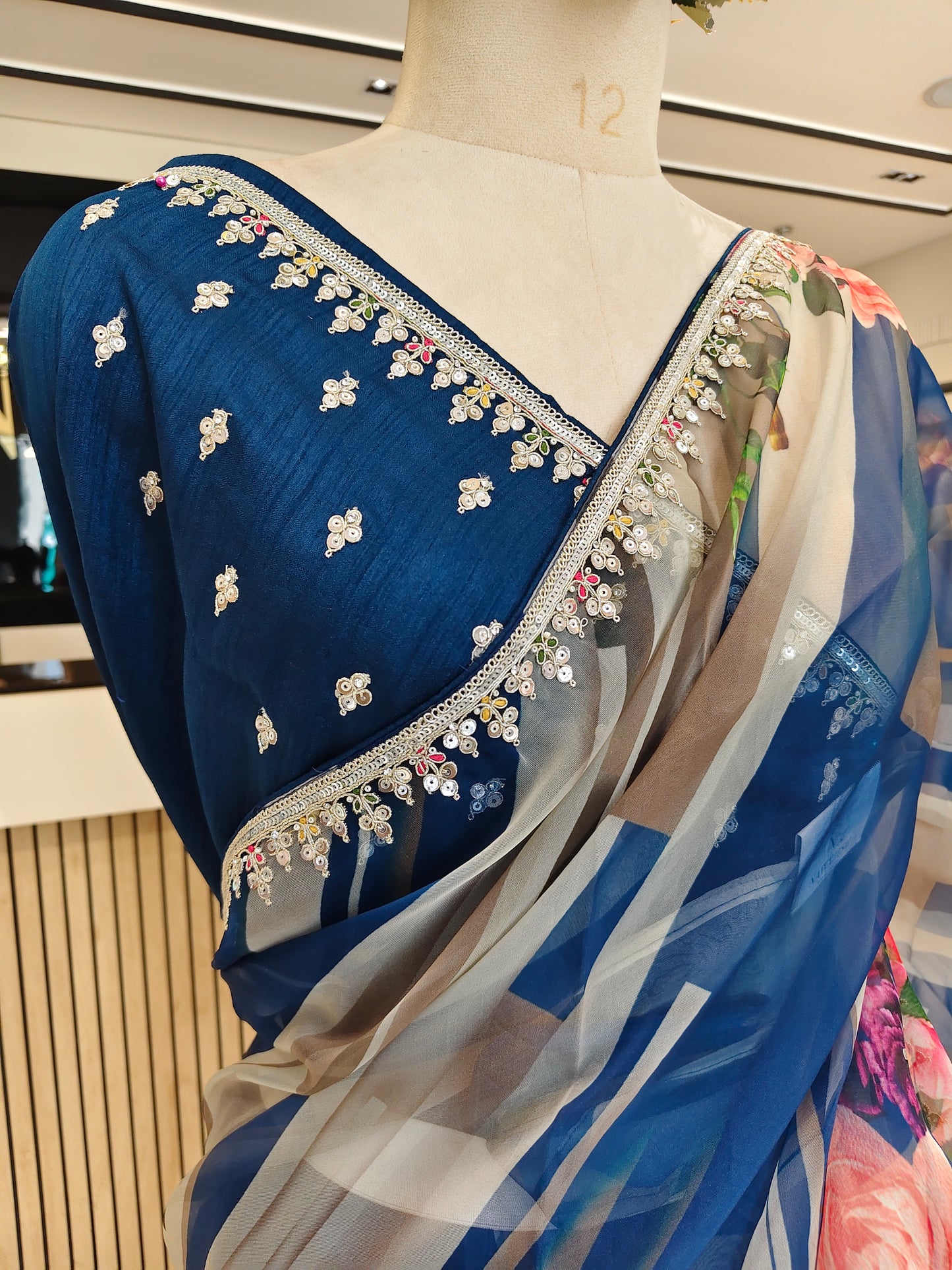 Blue Floral Organza Saree