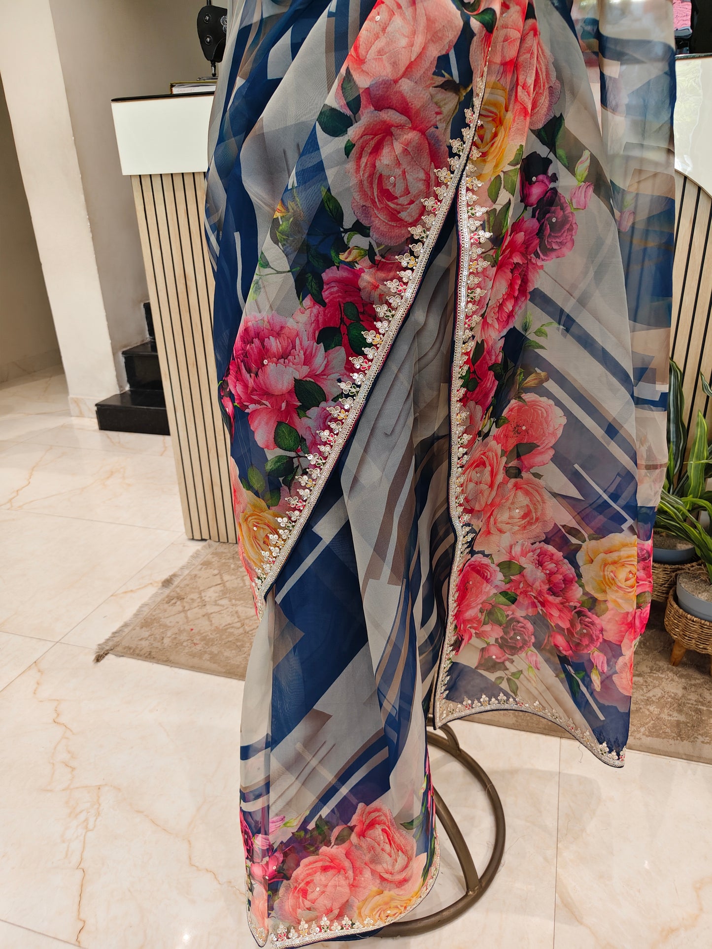 Blue Floral Organza Saree