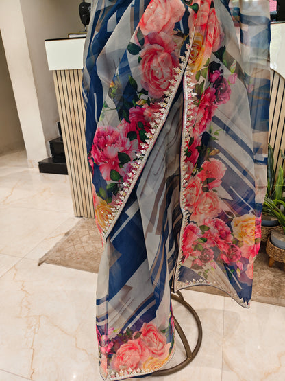 Blue Floral Organza Saree