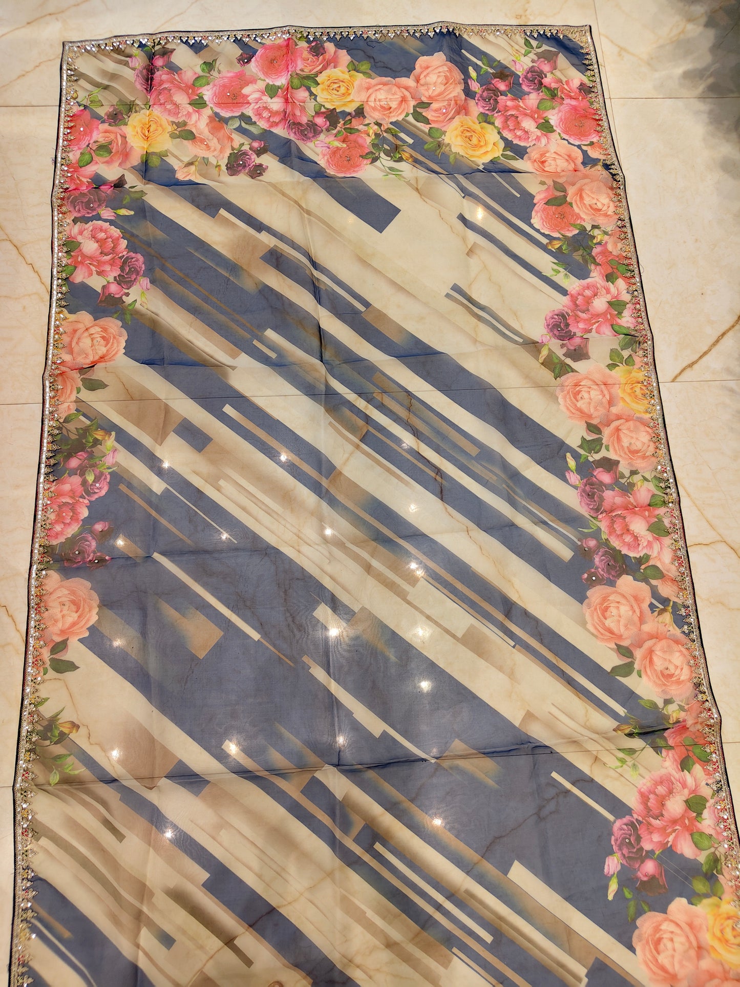 Blue Floral Organza Saree
