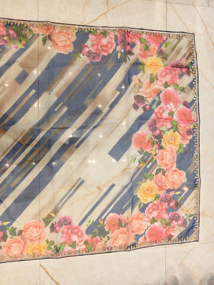 Blue Floral Organza Saree