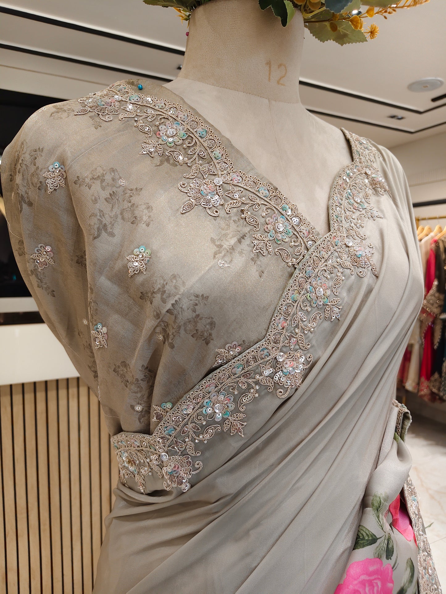 Sea Green Floral Satin Saree