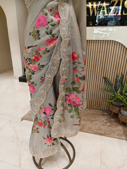 Sea Green Floral Satin Saree