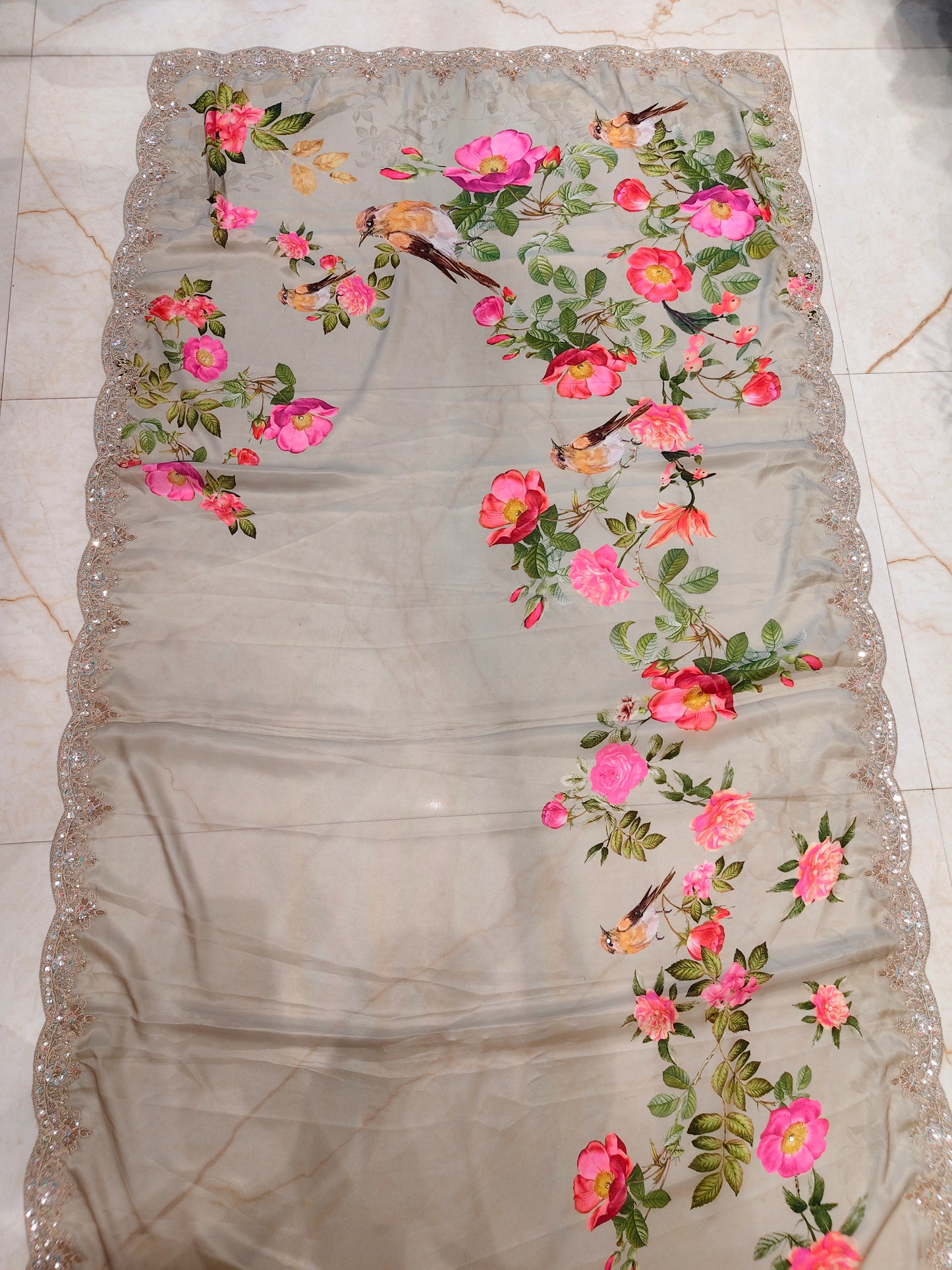 Sea Green Floral Satin Saree