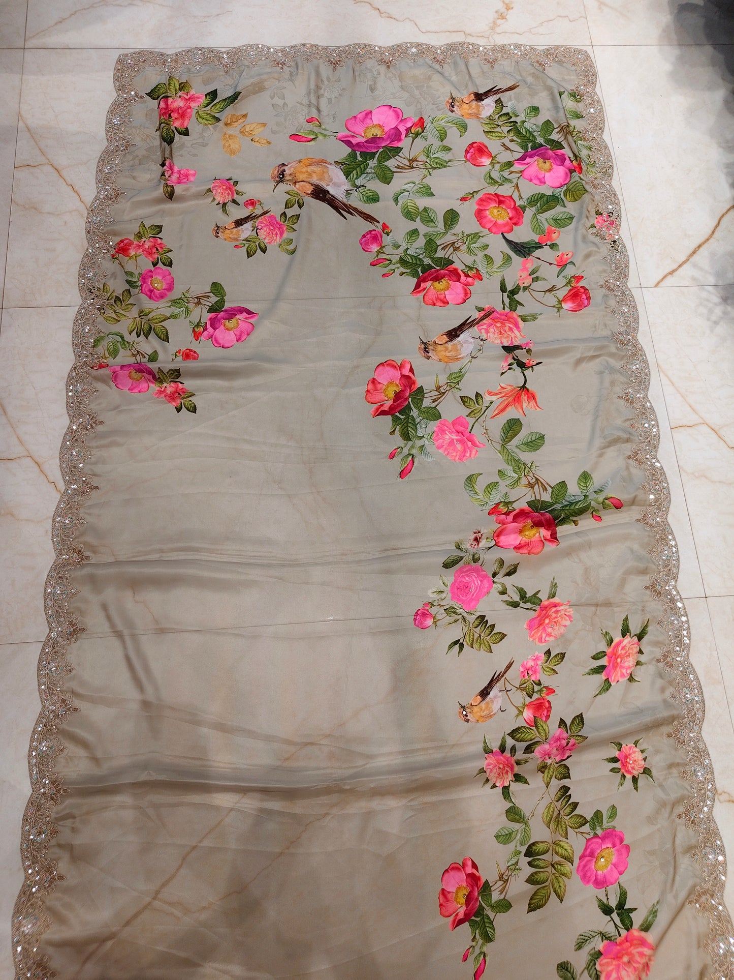 Sea Green Floral Satin Saree