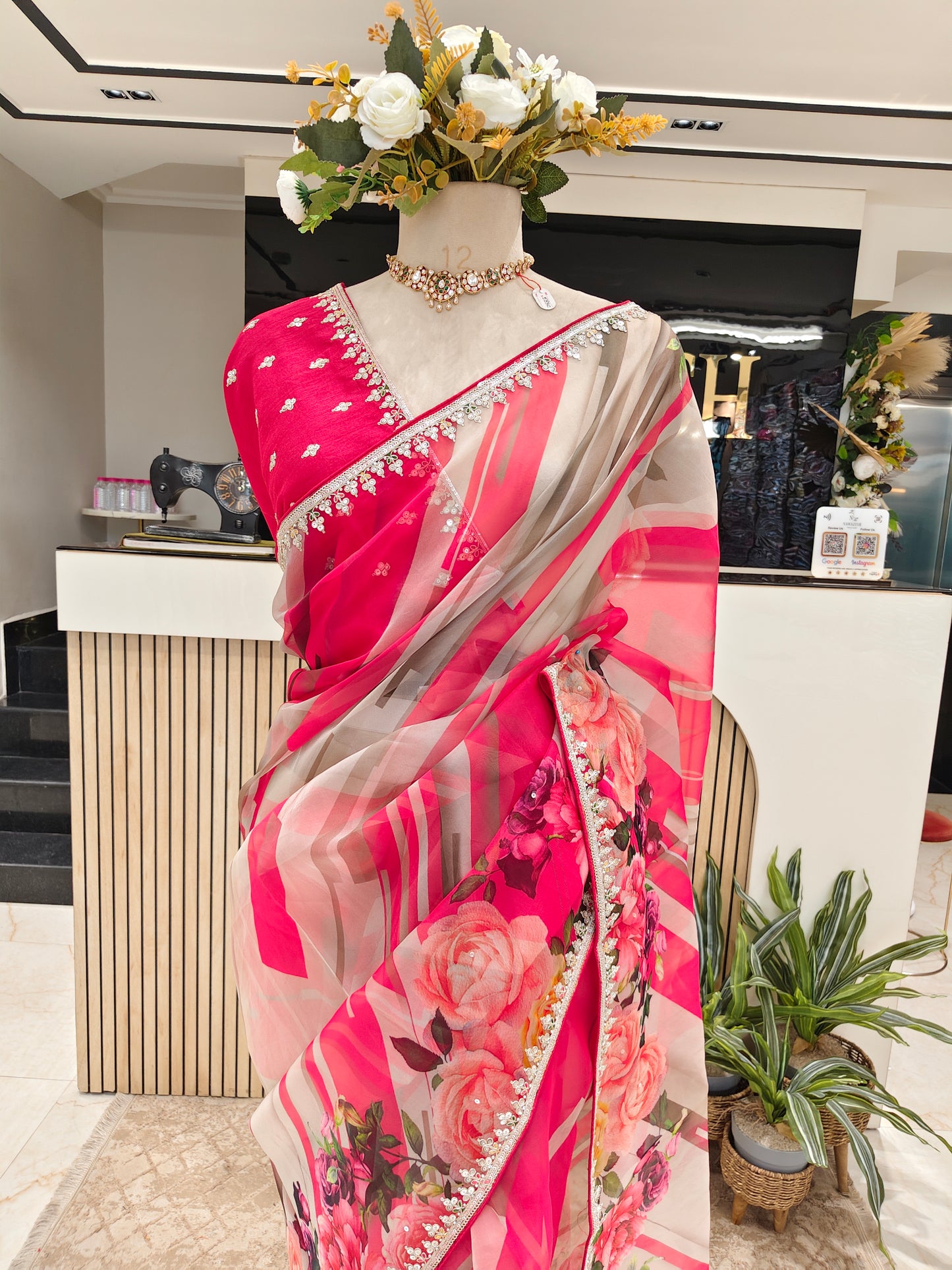 Pink Floral Organza Saree