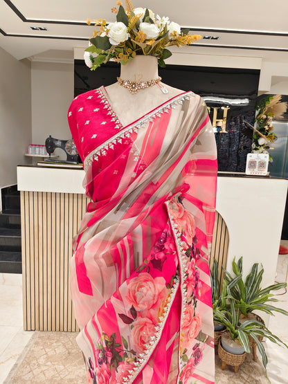 Pink Floral Organza Saree