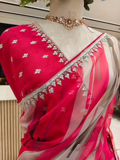 Pink Floral Organza Saree