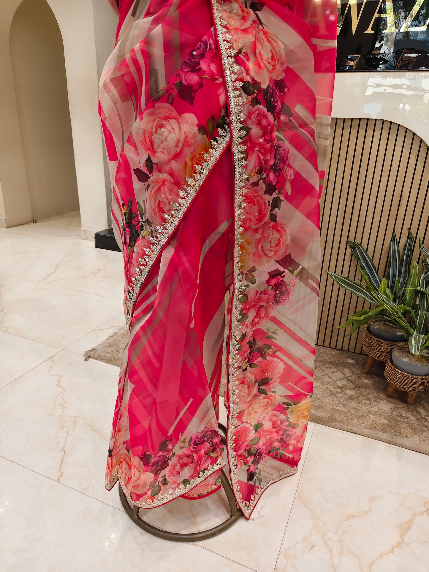 Pink Floral Organza Saree