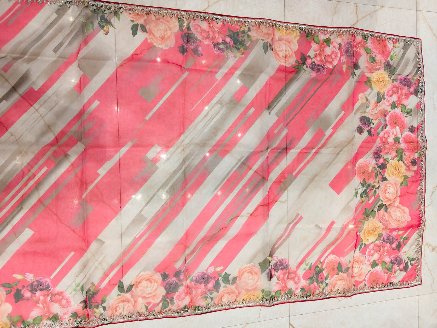 Pink Floral Organza Saree