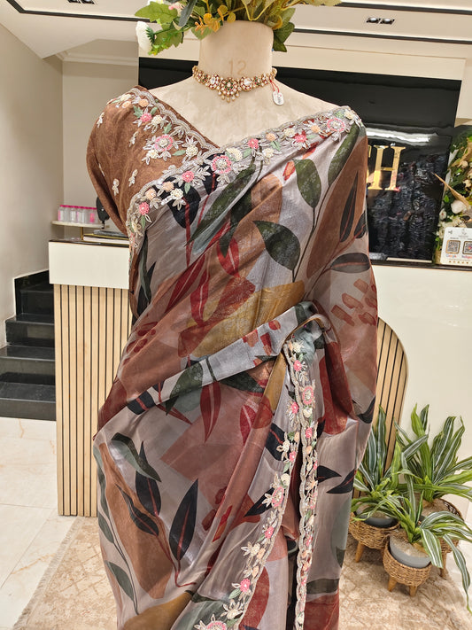 Grey Floral Tissue Saree