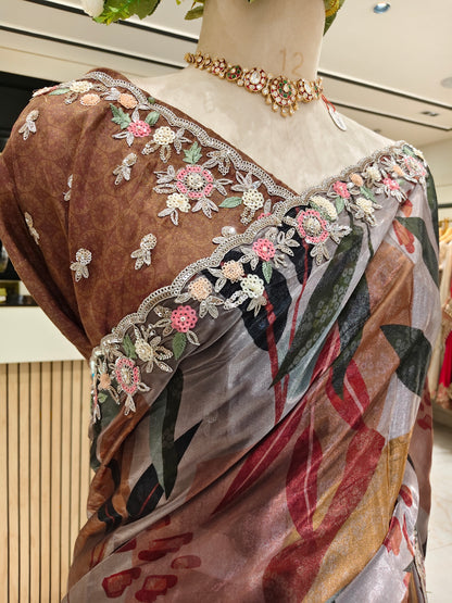 Grey Floral Tissue Saree