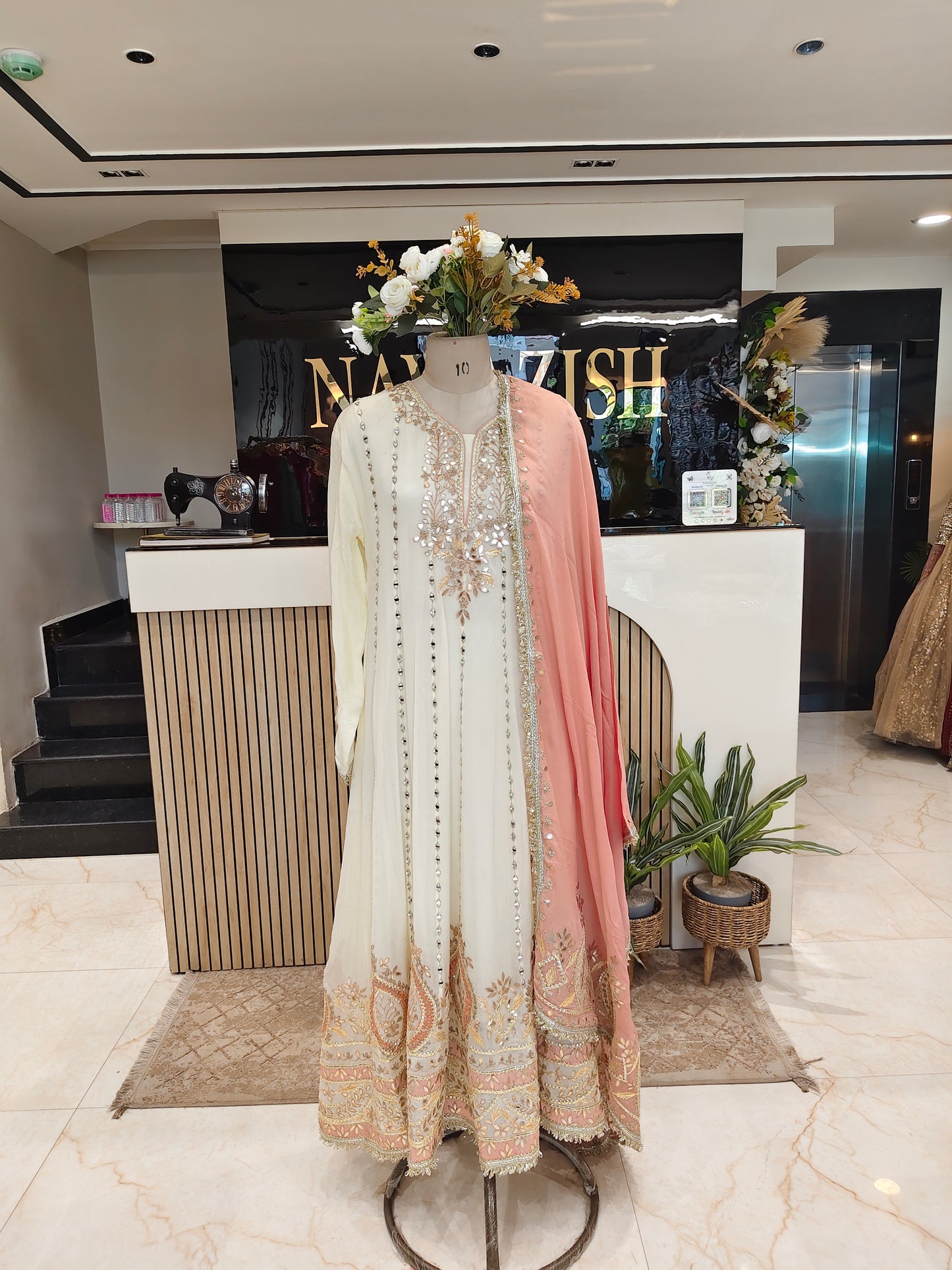 Cream Peach Anarkali Set