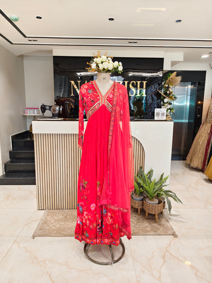 Red Floral Chinon Anarkali