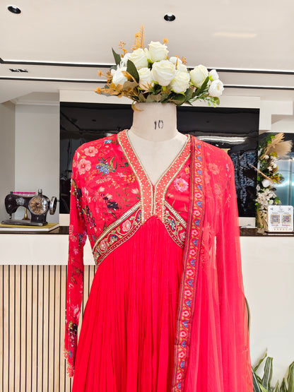 Red Floral Chinon Anarkali