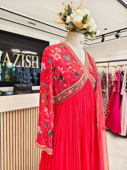 Red Floral Chinon Anarkali