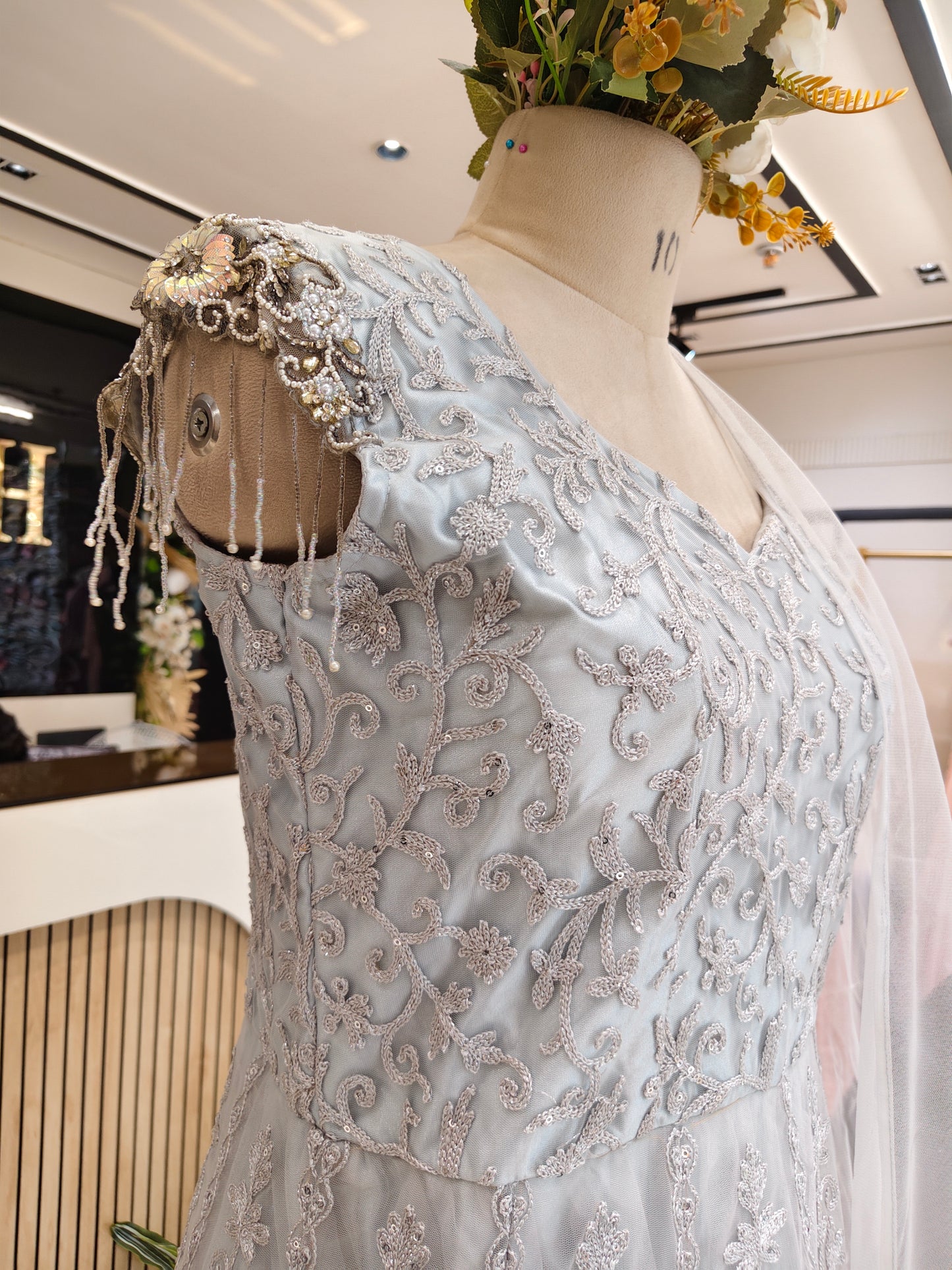 Grey Net Anarkali