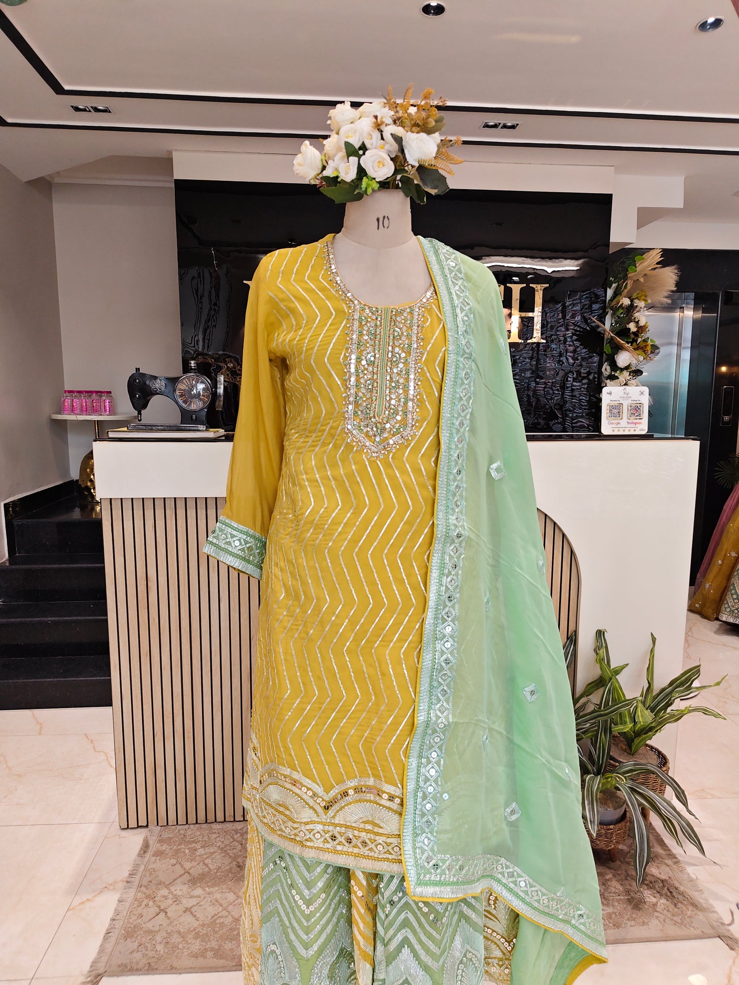 Lemon Sea Green Sharara Set