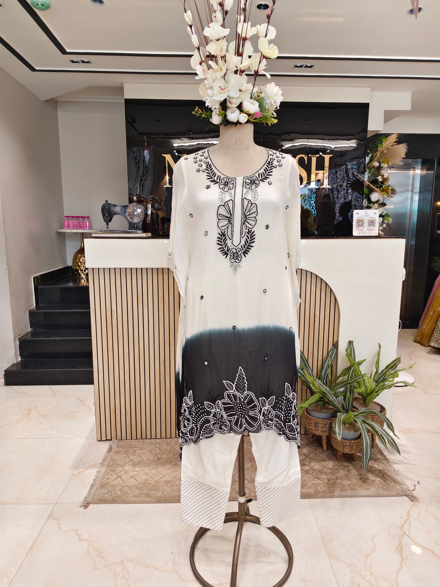 Cream Black Kaftan Set