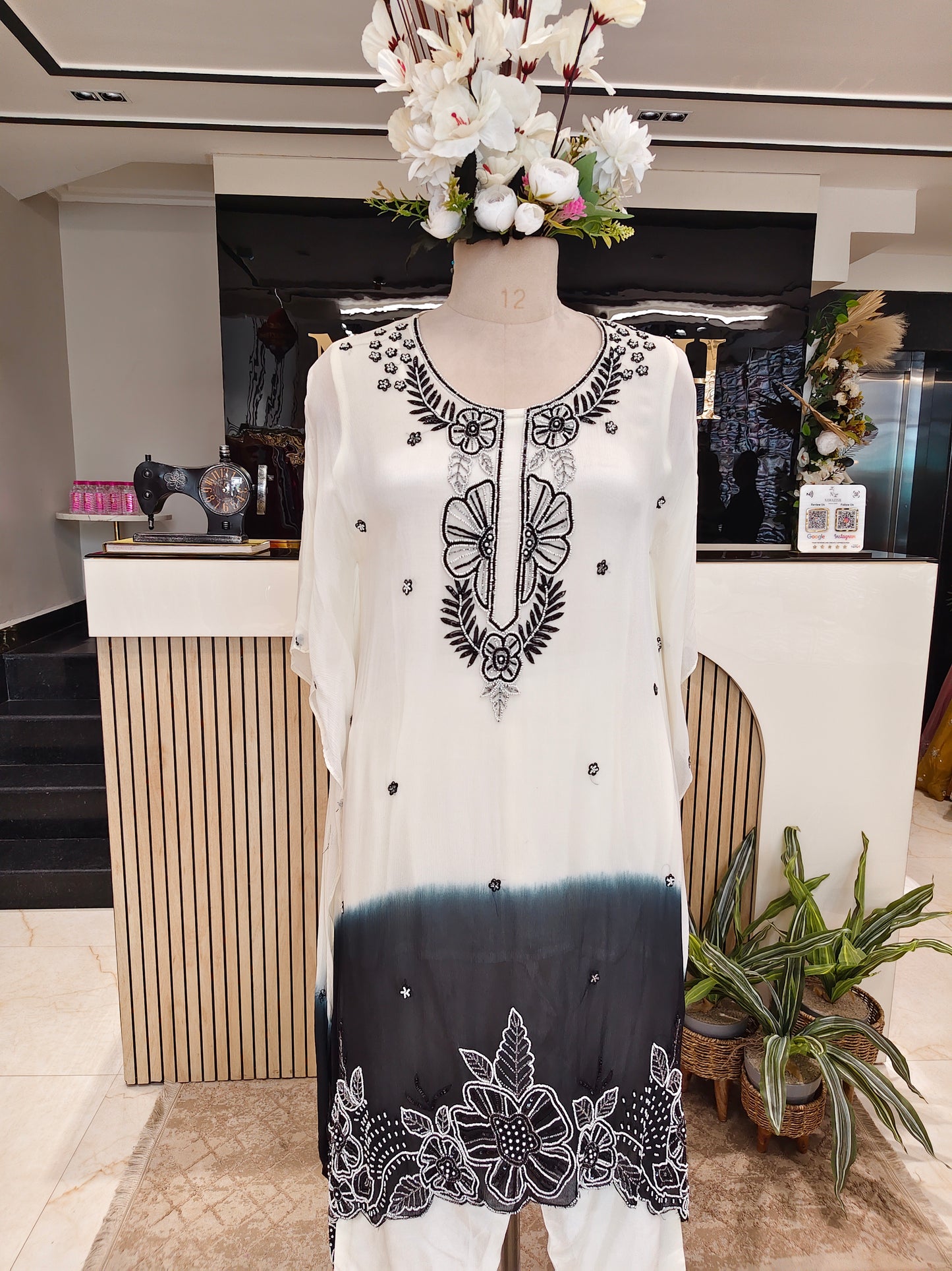 Cream Black Kaftan Set