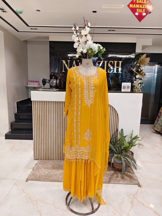 Yellow Chinon Sharara Set