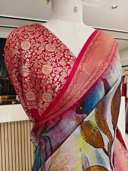 Multi Colour Floral Printed Silk Saree