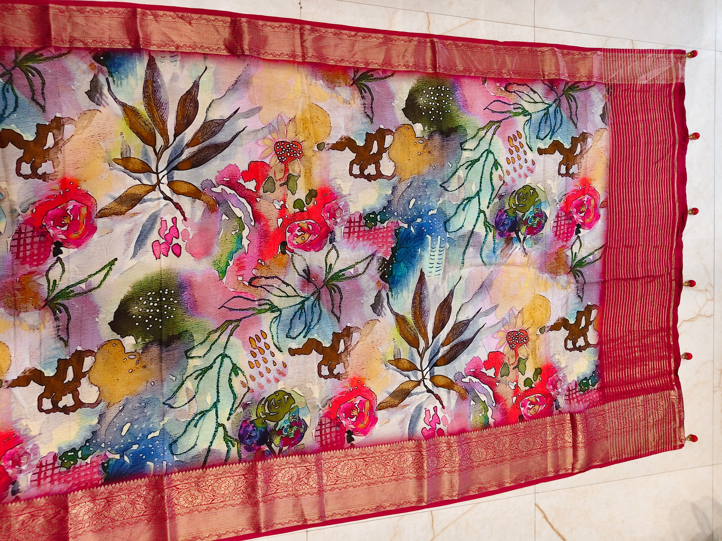 Multi Colour Floral Printed Silk Saree