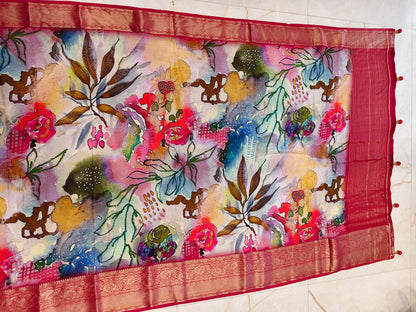 Multi Colour Floral Printed Silk Saree