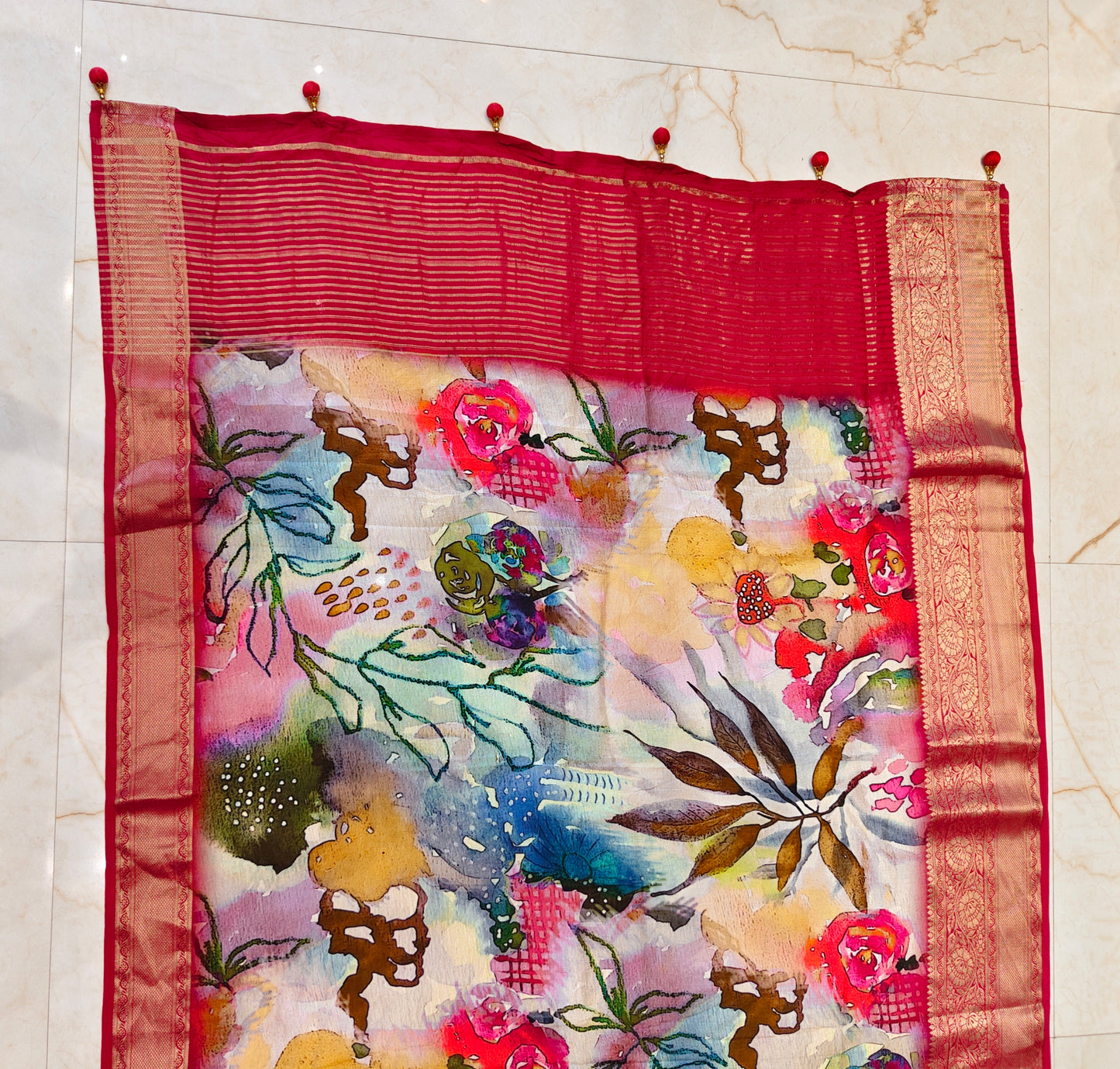 Multi Colour Floral Printed Silk Saree