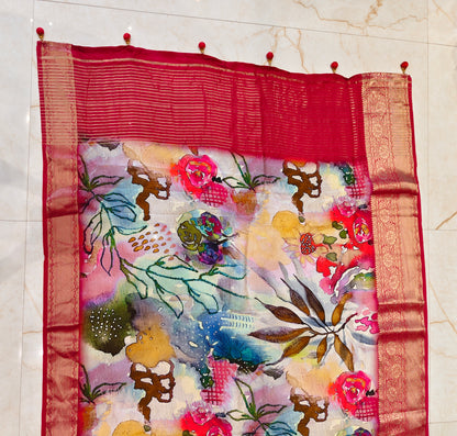 Multi Colour Floral Printed Silk Saree