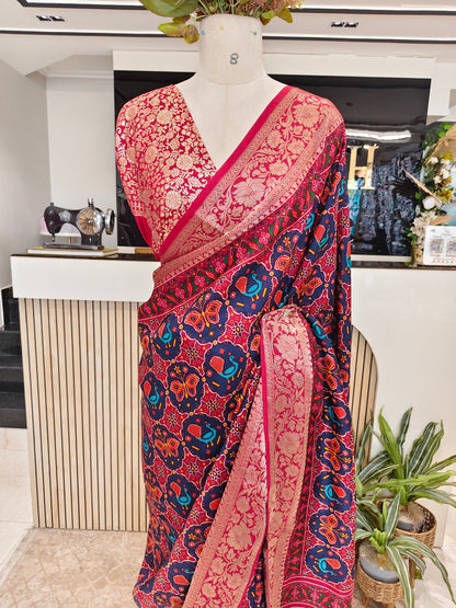 Maroon Ikat Printed Silk Saree