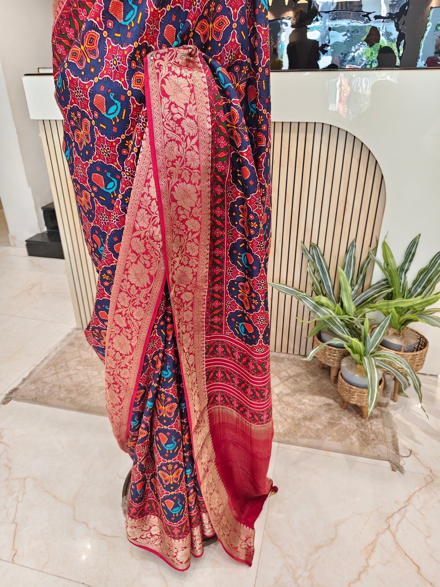 Maroon Ikat Printed Silk Saree