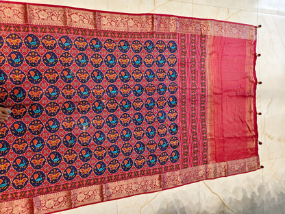 Maroon Ikat Printed Silk Saree