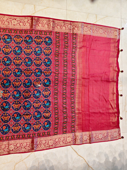 Maroon Ikat Printed Silk Saree