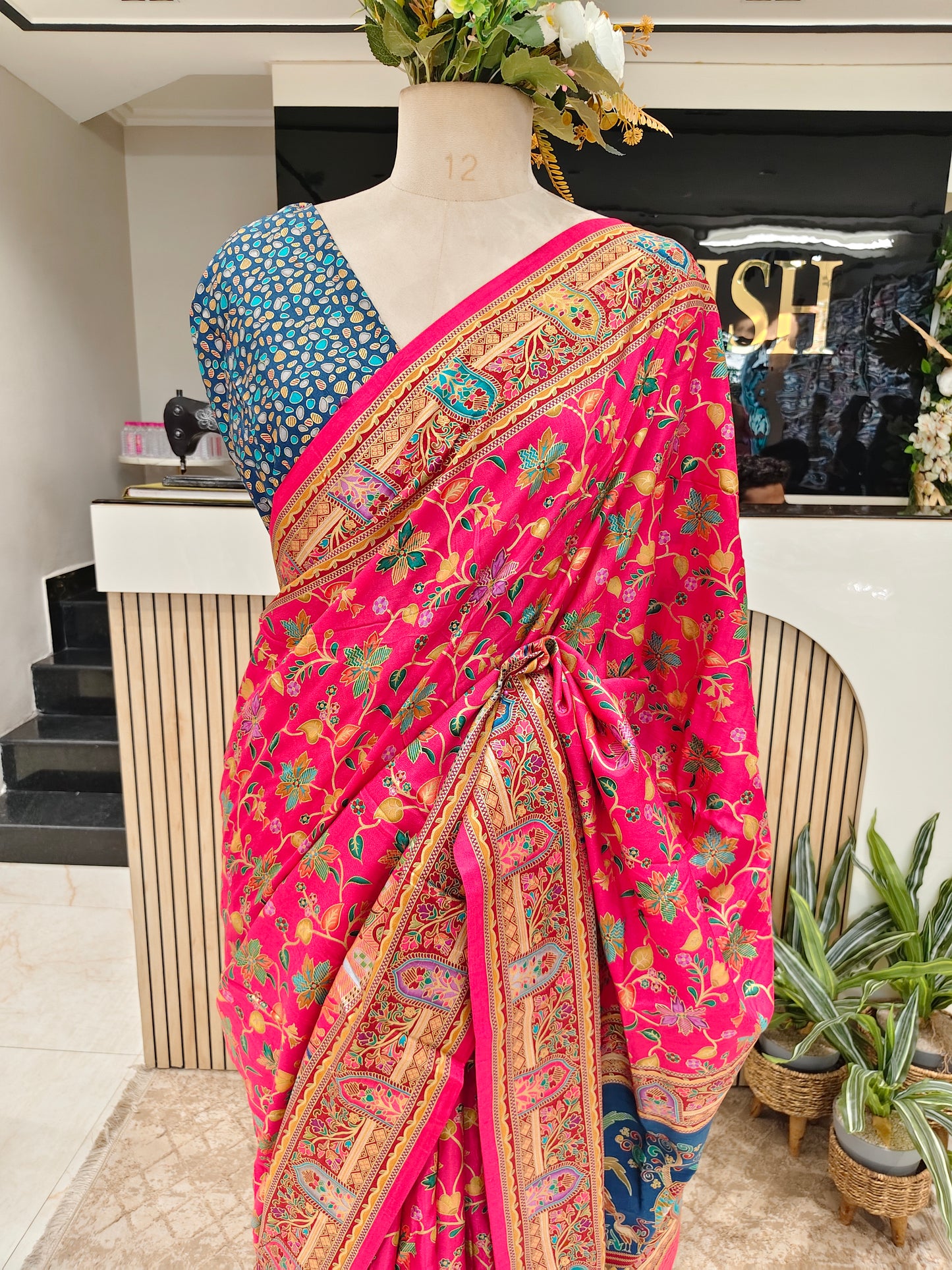 Rani Pink & Blue Printed Silk Saree