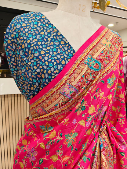 Rani Pink & Blue Printed Silk Saree