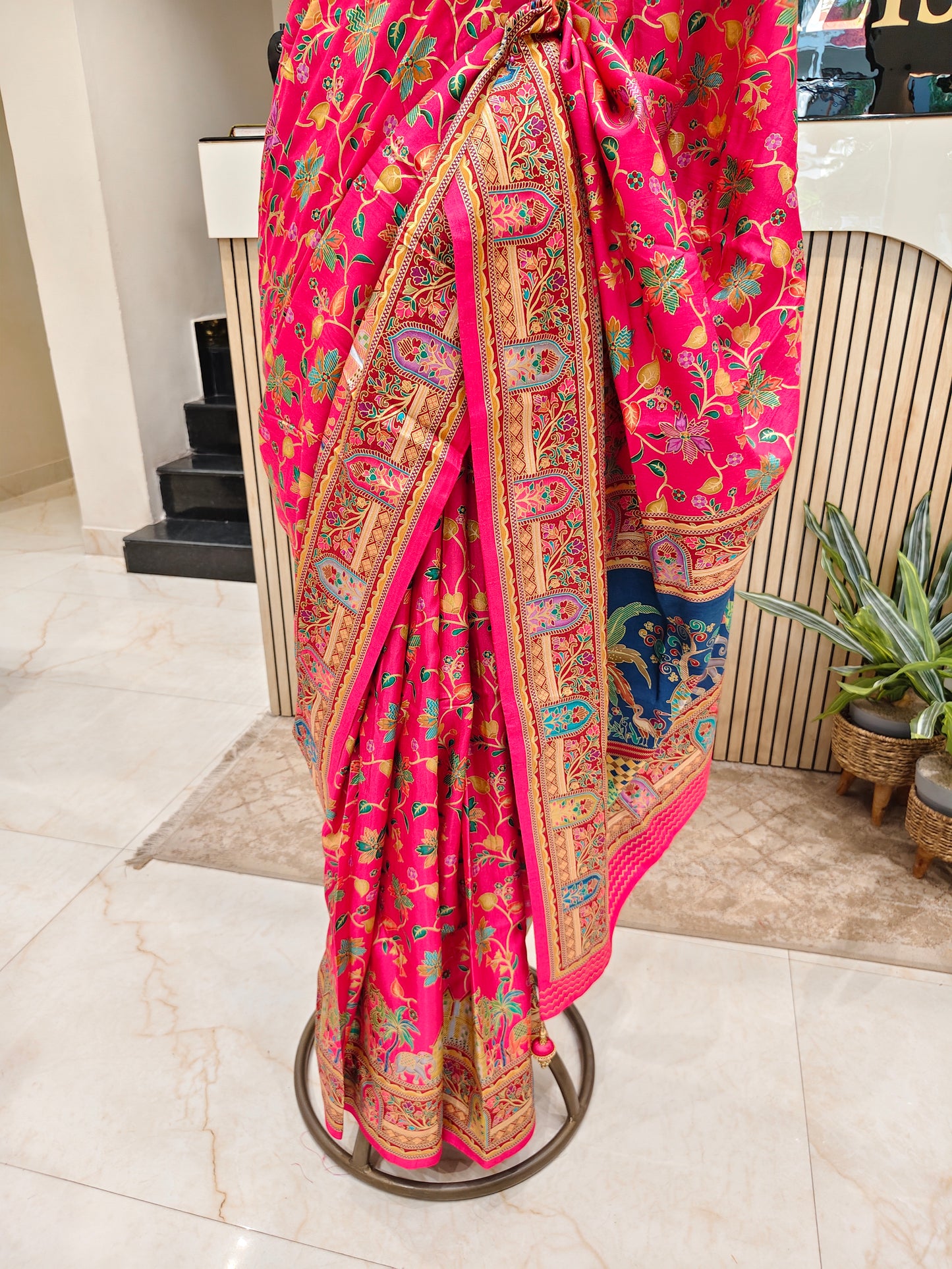 Rani Pink & Blue Printed Silk Saree