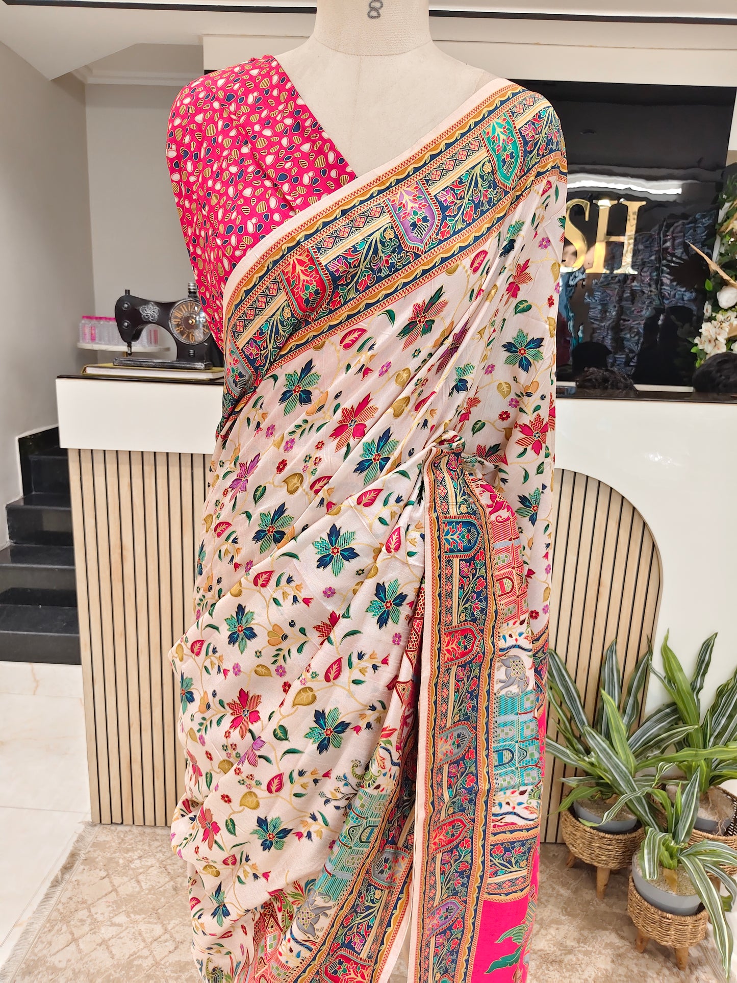 Rani Pink & Cream Printed Silk Saree
