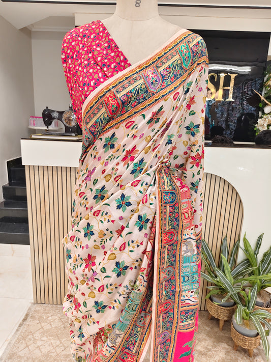 Rani Pink & Cream Printed Silk Saree