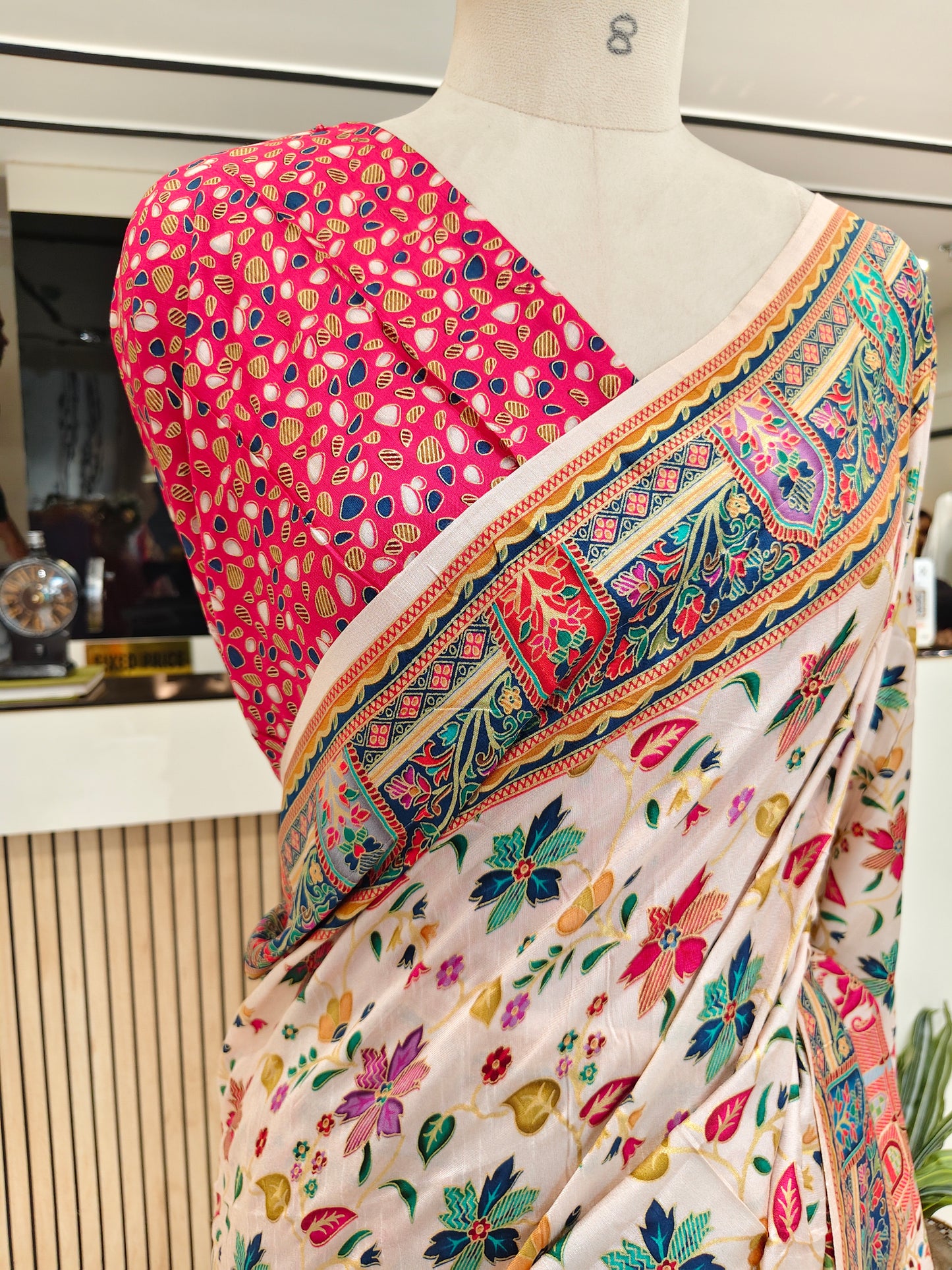 Rani Pink & Cream Printed Silk Saree