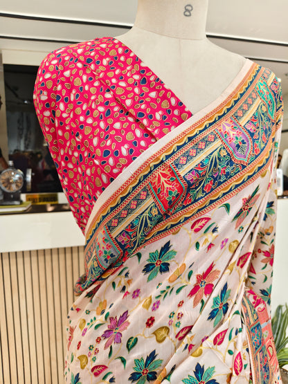 Rani Pink & Cream Printed Silk Saree