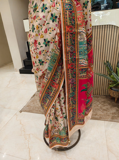 Rani Pink & Cream Printed Silk Saree