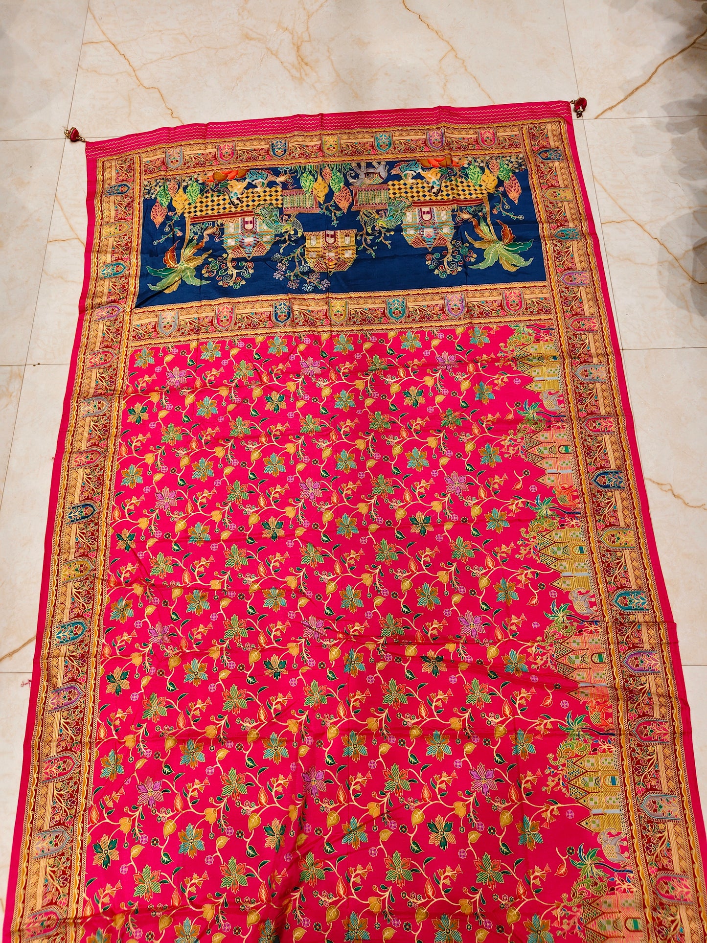 Rani Pink & Blue Printed Silk Saree