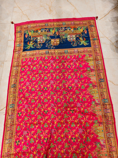 Rani Pink & Blue Printed Silk Saree