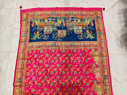 Rani Pink & Blue Printed Silk Saree